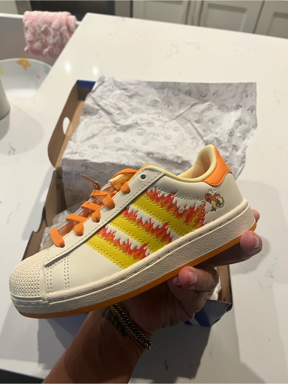 adidas Kids Pokémon Cream Sneakers with Yellow & Orange Flame Details